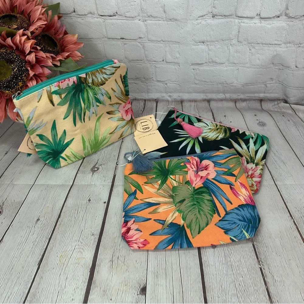 L.I.B new york Boutique NWT makeup pouch travel bag tropical floral tassel